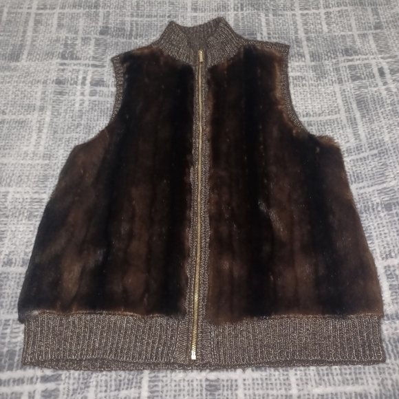 Michael Kors Sweater Faux Fur Full Zip Brown Vest Sz L - Picture 1 of 8
